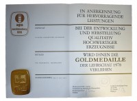 Urkunde mit Goldmedaille an den VEB Nordhausen