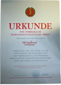 Urkunde vom Ministerium VEB Nordbrand Nordhausen