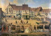 Johann Ulrich Stähelin: Schleusinger Marktplatz mit Festumzug zum Schützenfest. 1874