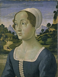 Domenico del Ghirlandaio (Domenico di Tommaso di Currado): Bildnis einer Frau vor Landschaft. Um 1480-85