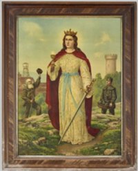 Lithografie, St. Barbara mit Schwert, Kelch, Turm und Fördergerüst